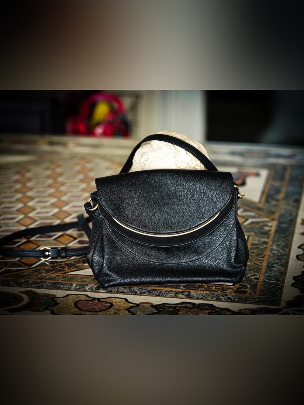 LC Lauren Conrad Black Pebbled Faux Leather Crossbody Bag with Gold Trim